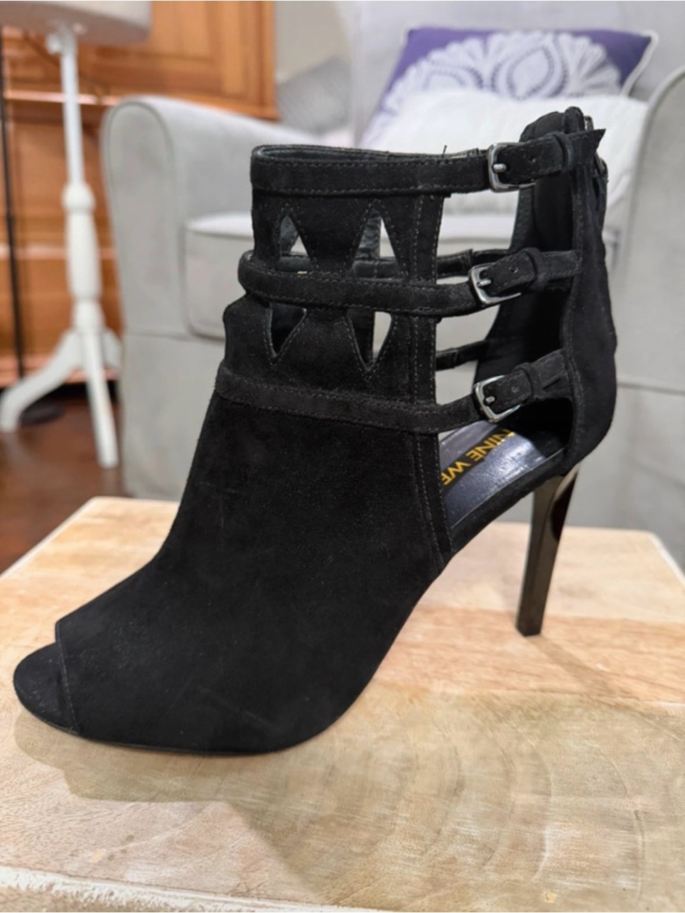 Nine West “Aulani” Black Suede Peep-Toe Stiletto Ankle Bootie Size 7.5